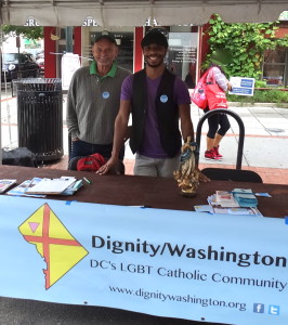 Jim Sweeney (L) and Brian Brown staffed Dignity/Washington's information booth at the 17th Street Festival held on Saturday, September 13, 2014.