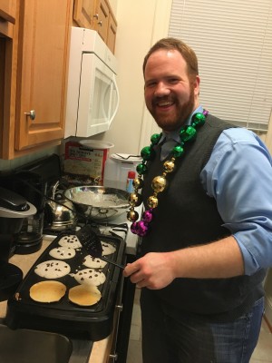 Our Mardi Gras party included pancakes in honor of the English tradition of Shrove Tuesday.